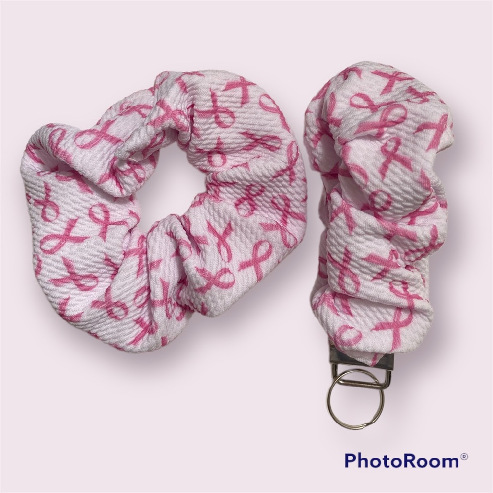Breast Cancer Awareness 2-piece knit scrunchie and scrunchie wristlet keychain